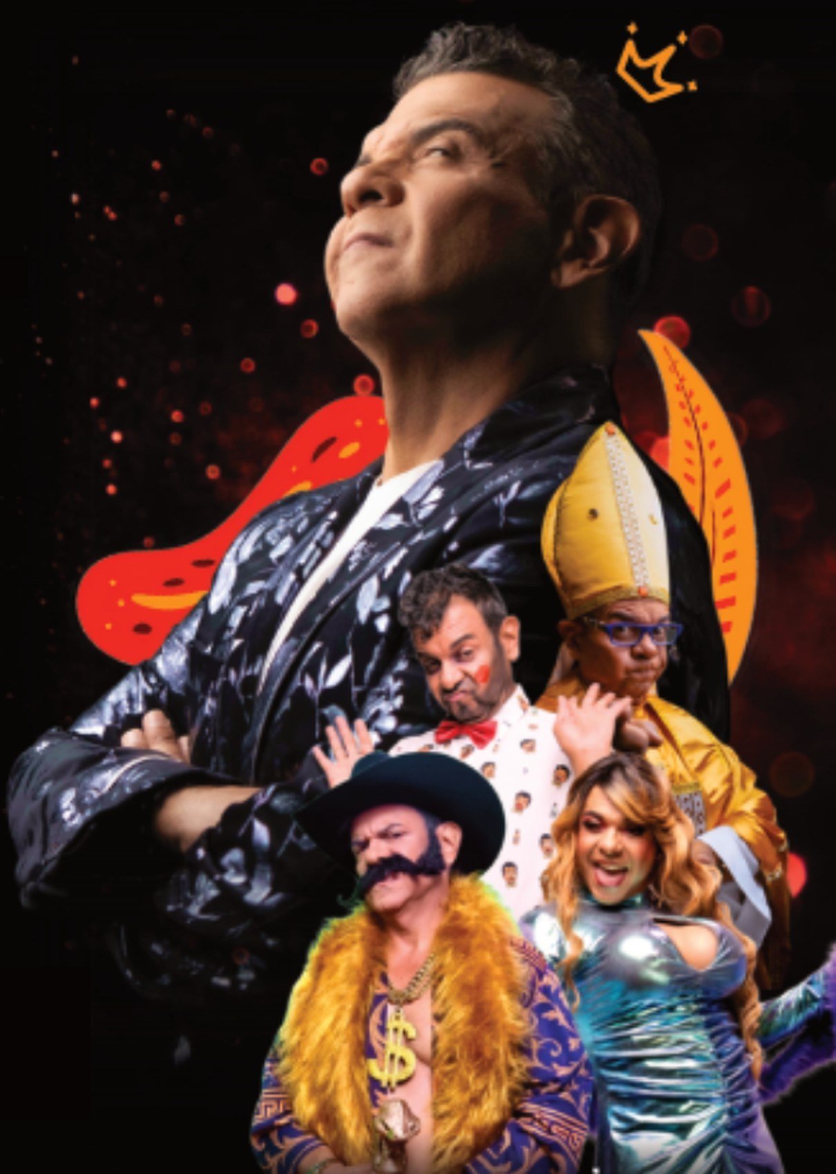 John Jairo Pérez con sus personajes Don Evelio, Doña Imelda, Padre Paco Melo y Don Ebrio